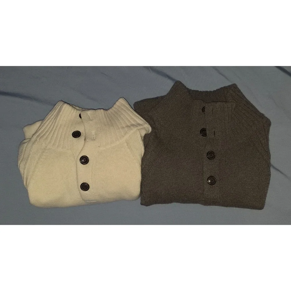 Banana Republic Pierro Wool Sweater Large Button Mock Neck Lot Cream/Grey